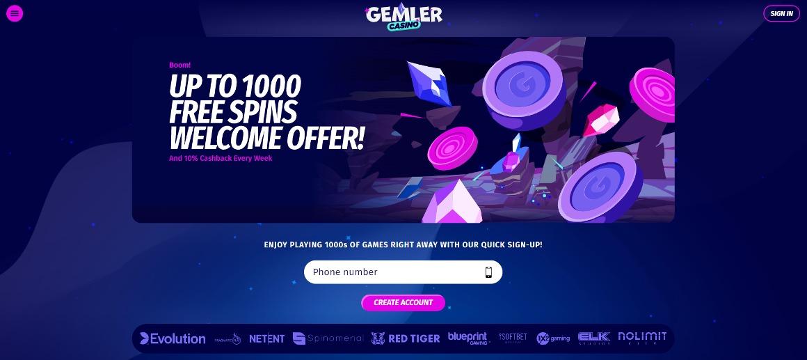 Startsida och bonuserbjudande på Gemler Casino