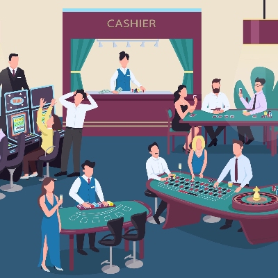 Landbaserat casino med spelare och dealers
