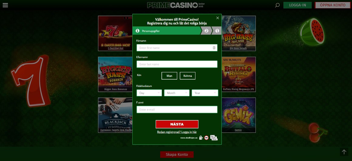 Registrering hos Prime Casino