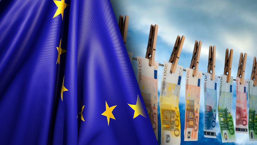 Europeiska Unionens flagga brevid tvättade pengar