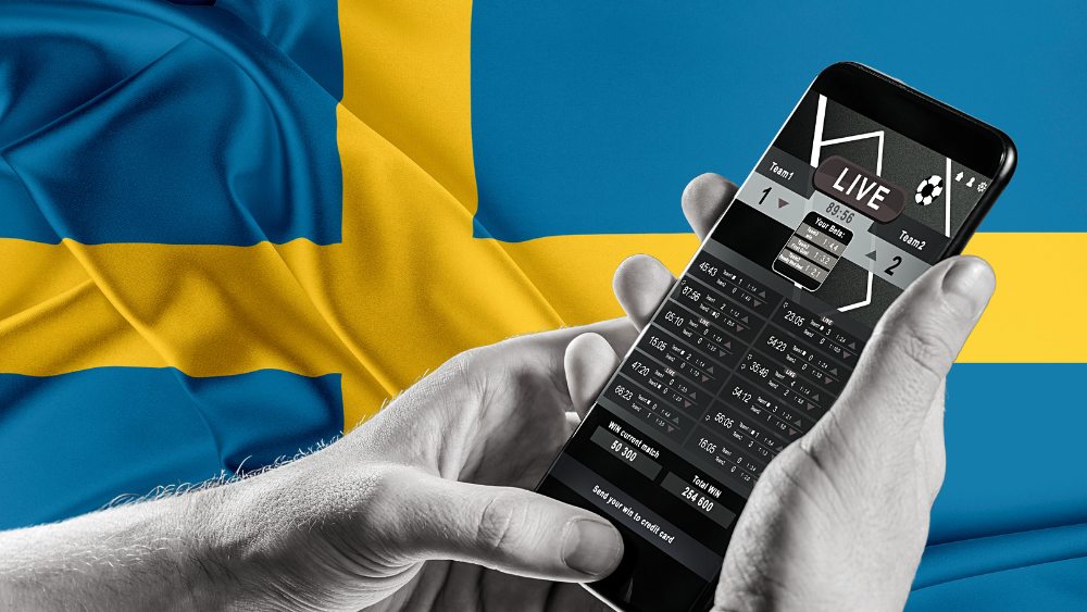 Betting i svartvitt framför svenska flaggan för att symbolisera matchfixning i Sverige
