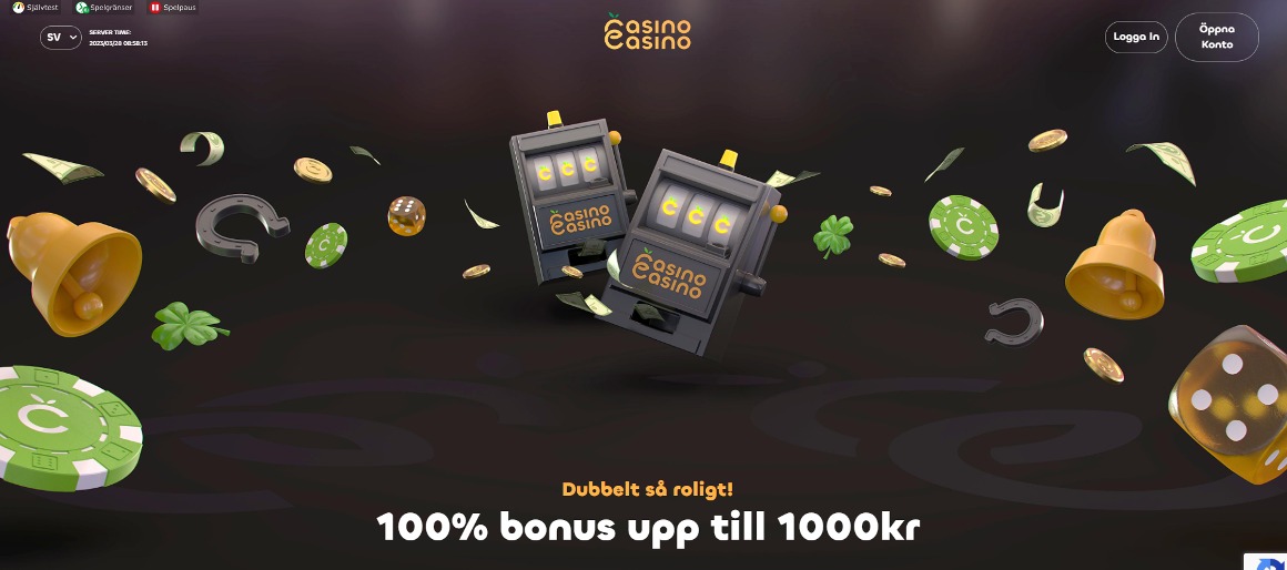 Skärmbild på Casinocasino startsida och välkomstbonus i Sverige