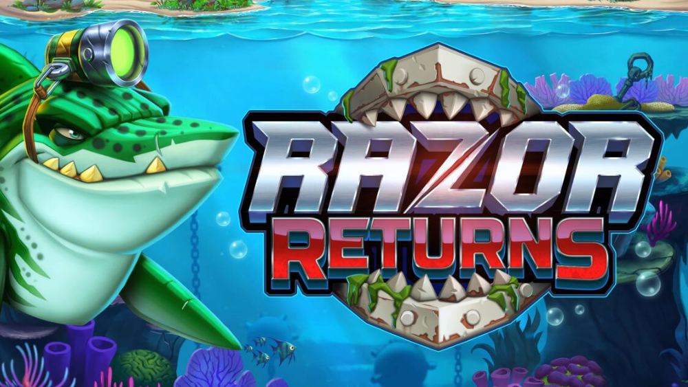 Razor Returns slot logo och en tecknad haj