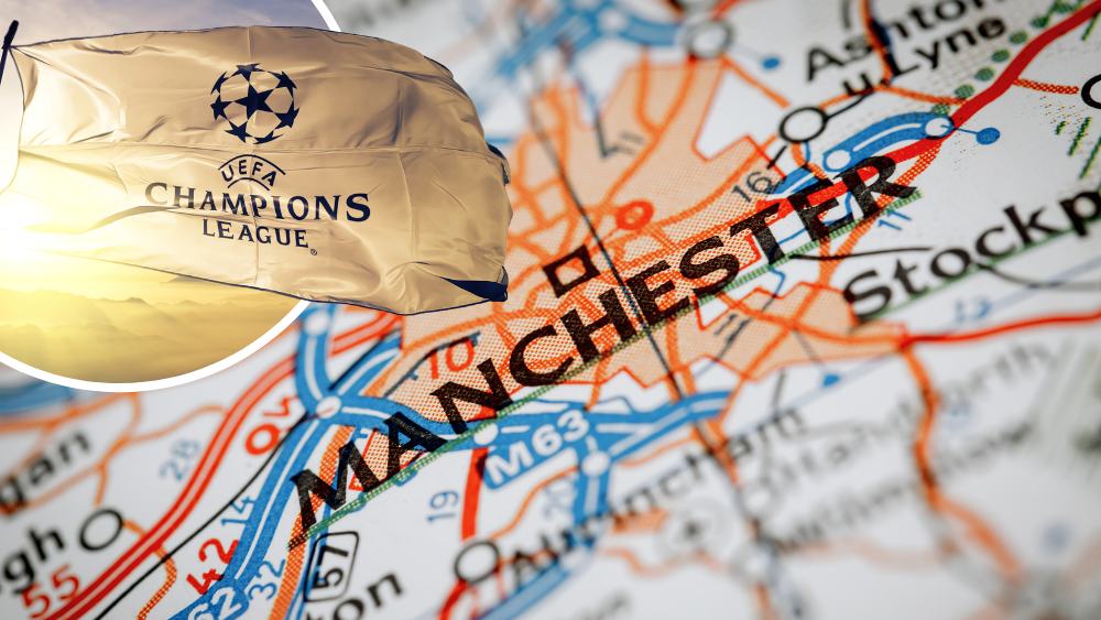 Champions League flagga över Manchester karta