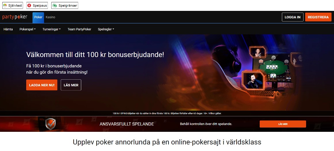 Party Poker startsida i Sverige