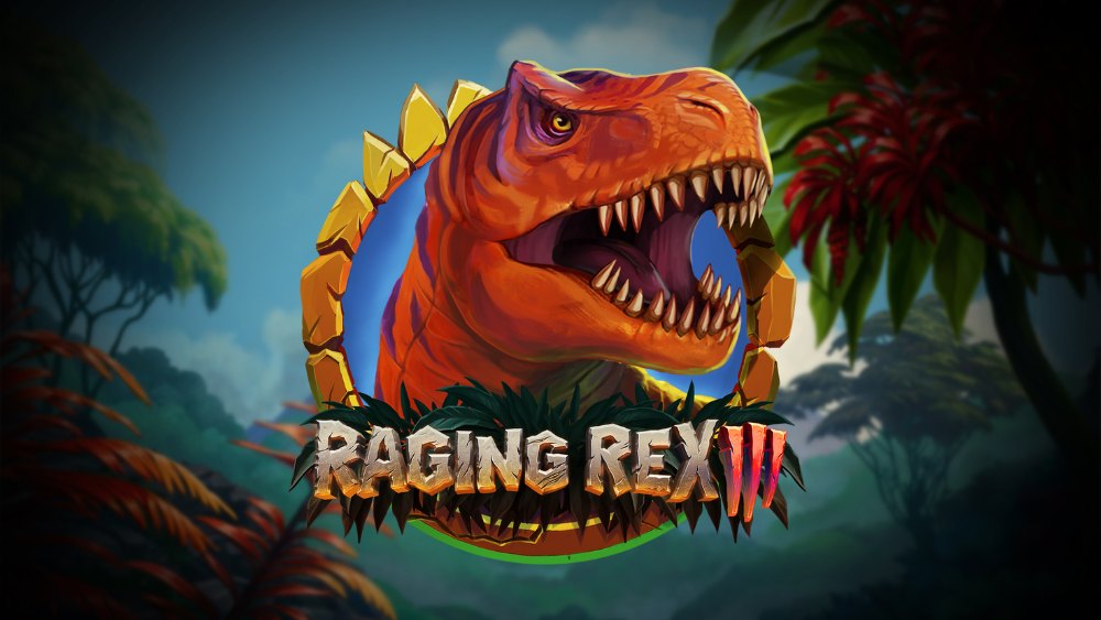Logo för spelautomaten Raging Rex 3 med en röd dinosaurie