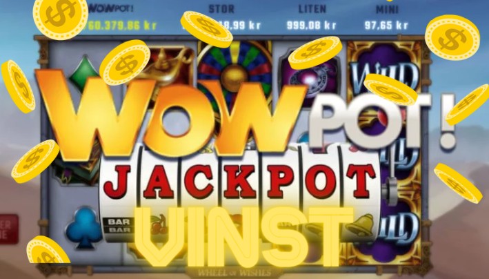 texten "wowpot jackpot vinst" med mynt runt omkring