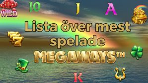 regnbåge över ett hav med texten "mest spelade megaways" och slots symboler
