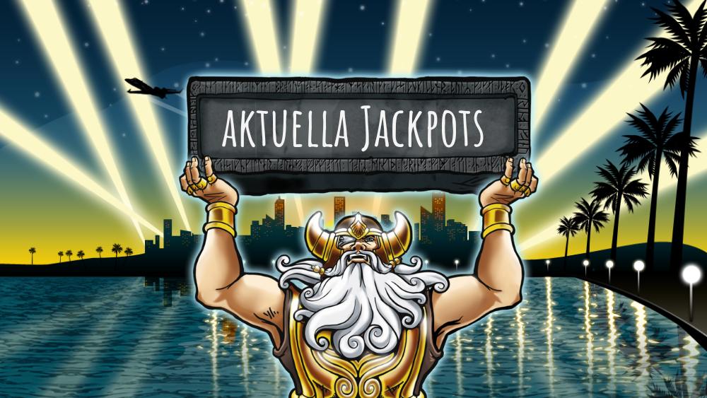 Hall of Gods karaktär håller Aktuella jackpots skylt