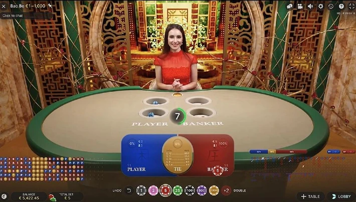 Live bord från ett Bic Bo casino med en kvinnlig dealer 