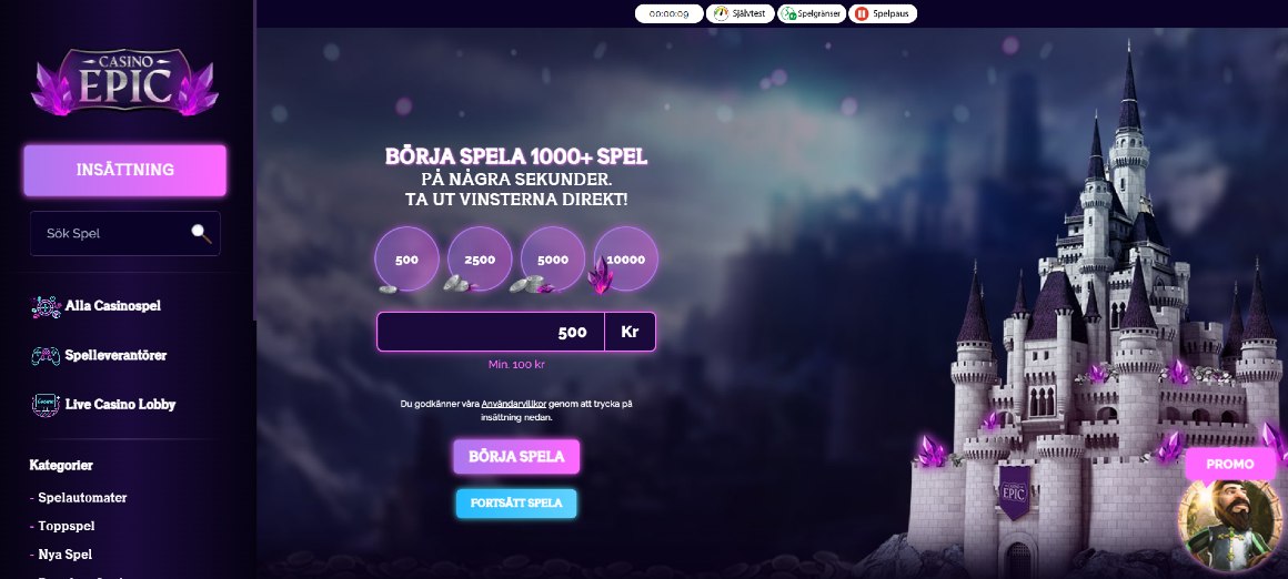 Casino Epic hemsida med Pay N Play och ett slott i bakgrunden