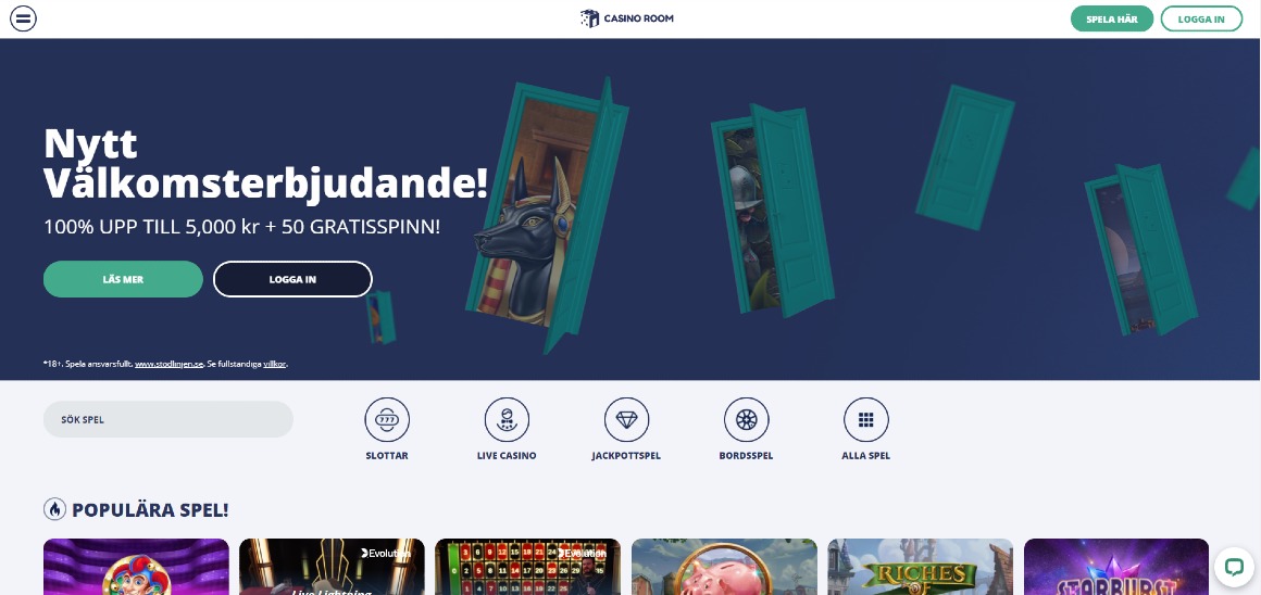 Casinoroom startsida med nuvarnade välkomsterbjudande, spelkategorier och logga in-knapp