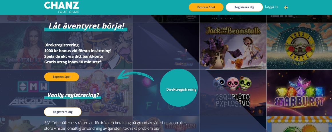 Chanz Casino startsida för svenska spelare