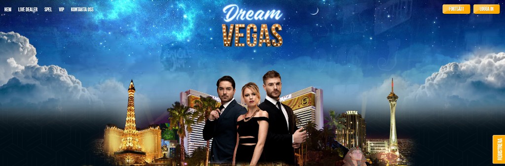 DreamVegas hemsida visar två män och en kvinna stiligt klädda i svart med Las Vegas i bakgrunden