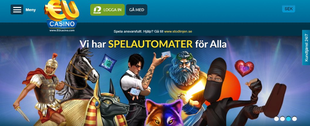 Eu Casino-hemsida visar bland annat login-knapp, kundtjänst och olika karaktärer från spel