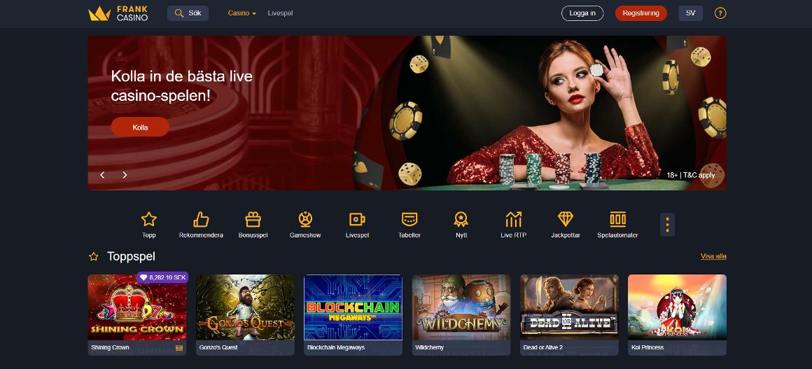 Frank Casino startsida för svenska spelare