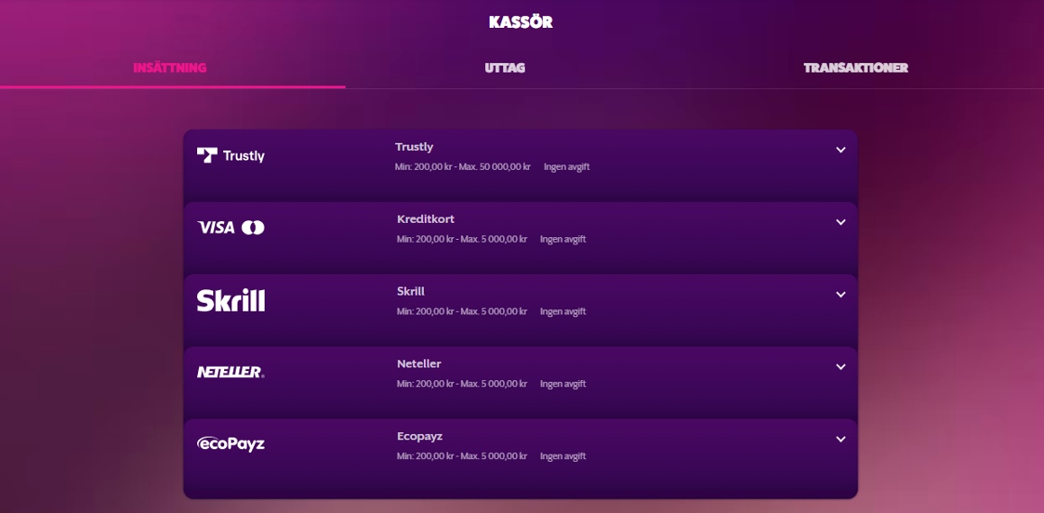 Kassa för insättning och uttag på FrankFred casino