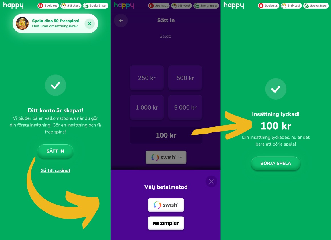 Insättning på Happy Casino för free spins bonus