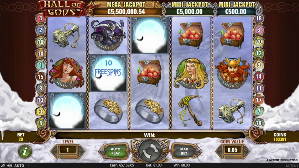 Skärmbild från Hall of Gods slot från NetEnt