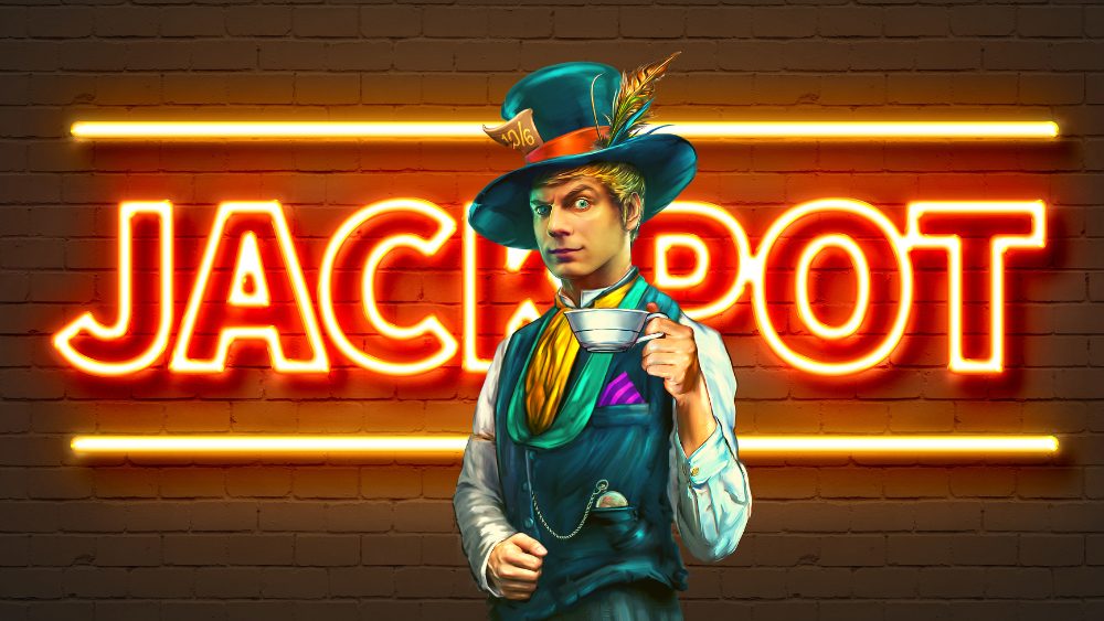 Mega Moolah karaktär framför Jackpot skylt