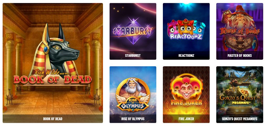 Populära utvalda spel hos Kazoom casino, som Book of Dead, Fire Joker och Starburst