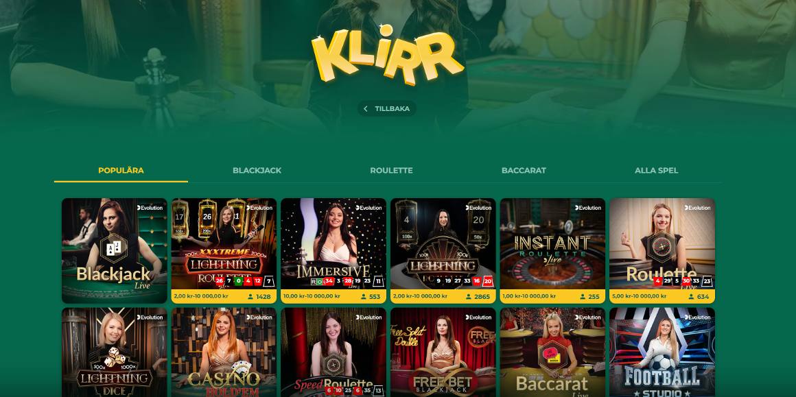 Live Casino spel på Klirr Casino
