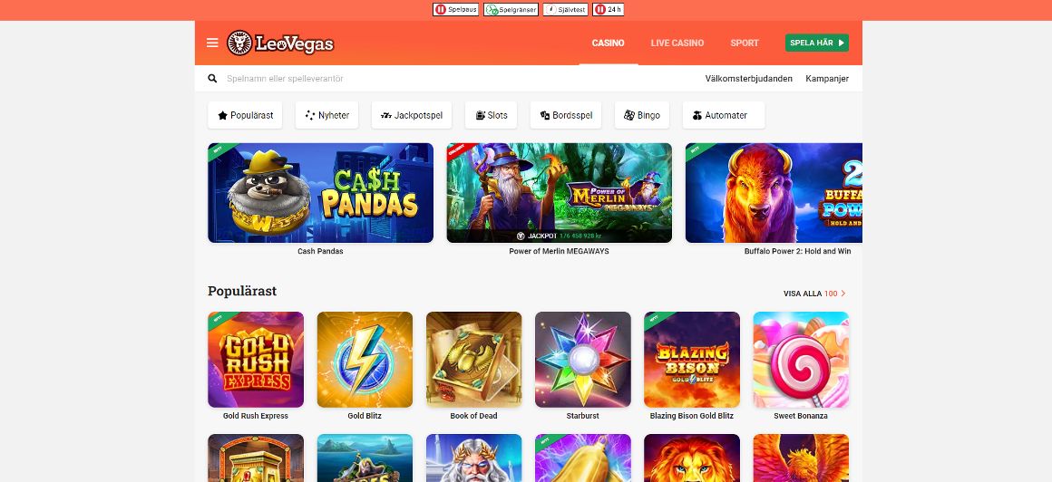 LeoVegas casino startsida i Sverige