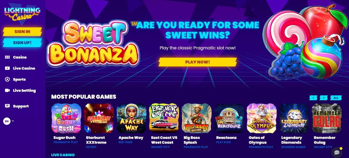 Lightning Casino startsida och huvudmeny