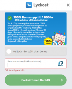 Fält för att skapa ett Lyckost login med BankID