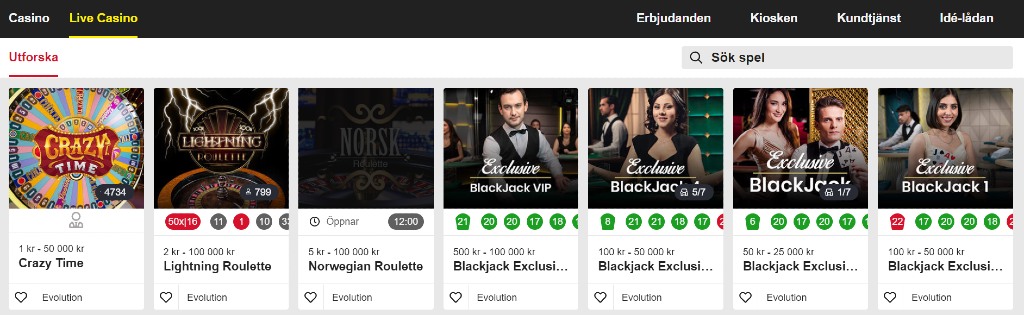 överblick av tillgängliga live casino-spel på Mobilautomaten och huvudmenyn på sidan