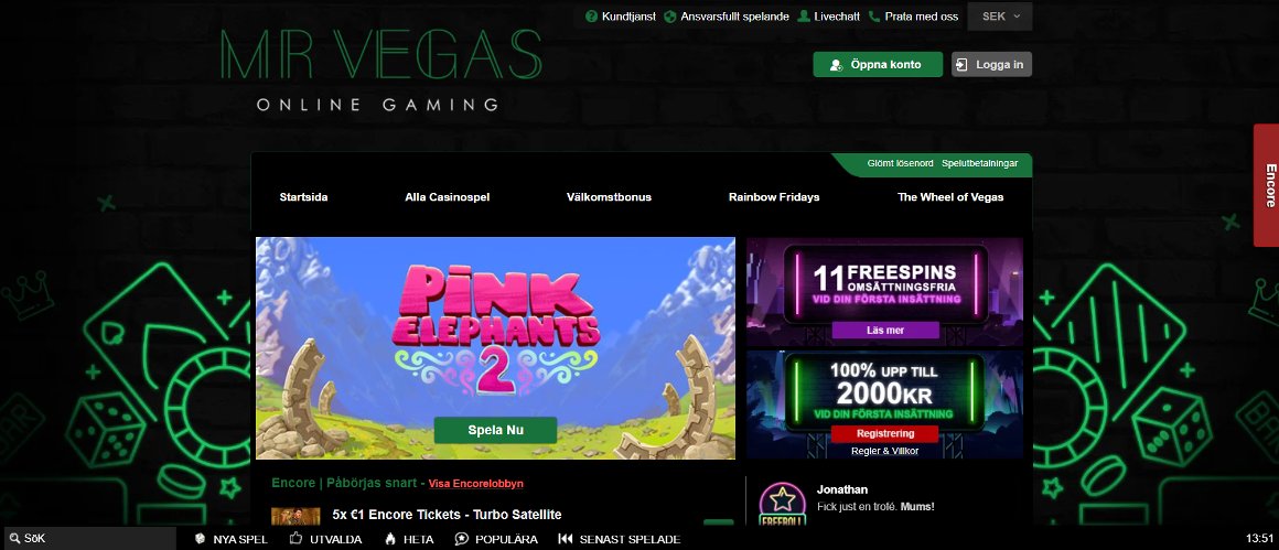 Startsida för Mr Vegas Sverige med huvumeny och registrering