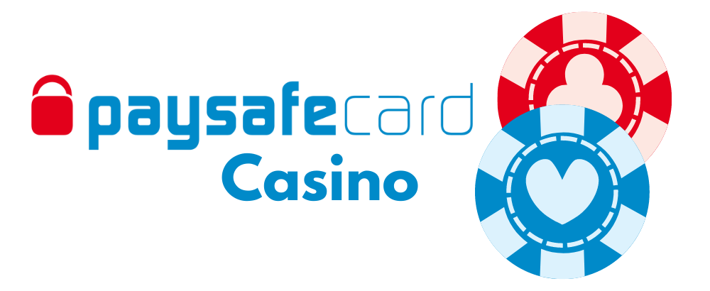 Paysafecard casino text med officiell Paysafecard logo och två spelmarker i röd och blå