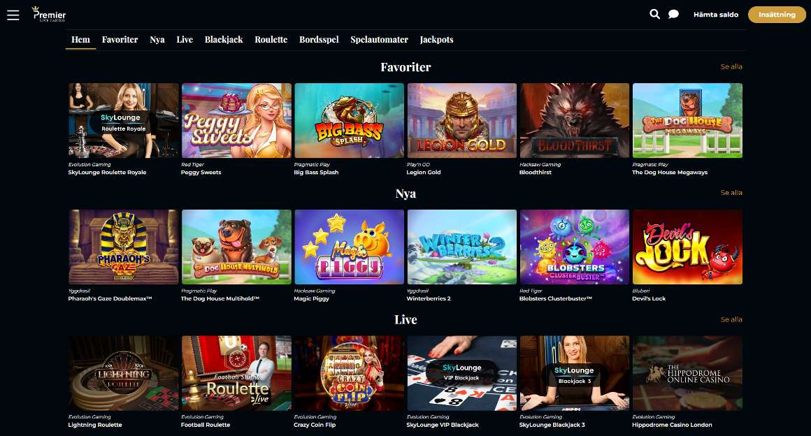 Premier Live Casino startsida och login i Sverige