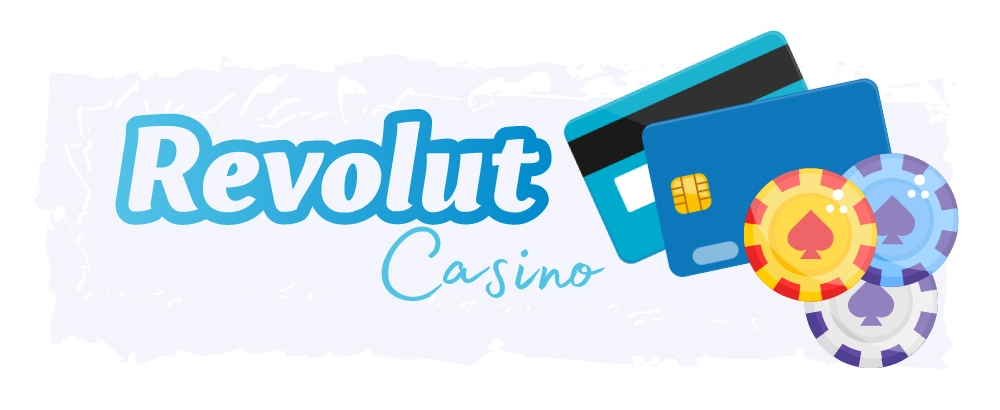 Revolut casino text med tecknade bankkort och casino spelmarker