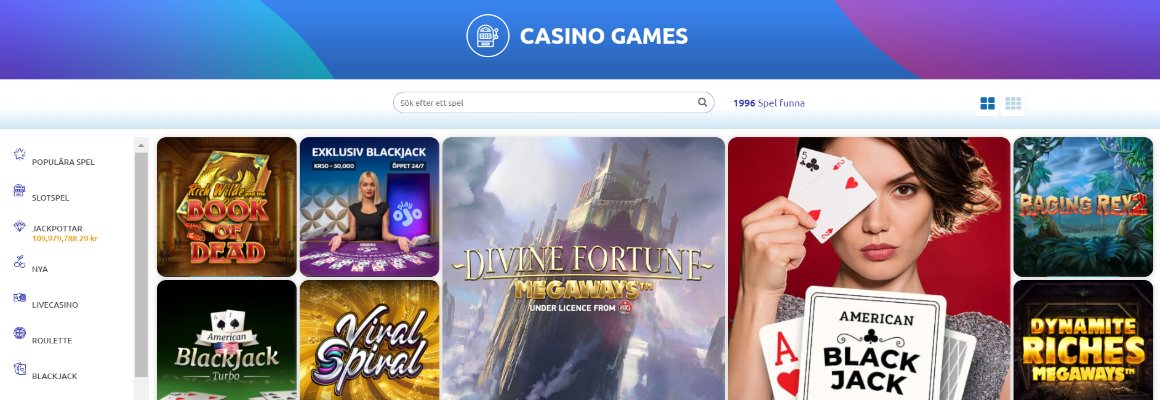 Utvalda casinospel hos Slotstars Sverige med spelmenyn till vänster
