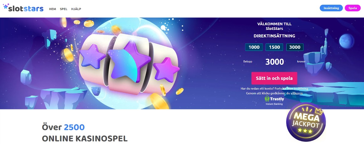 Slotstars Casino hemsida med direkt login och huvudmeny