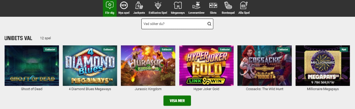 Spelutbud hos Unibet casino