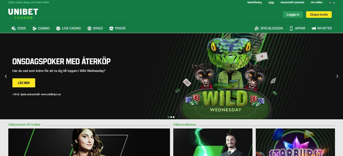 Förstasidan för Unibet casino
