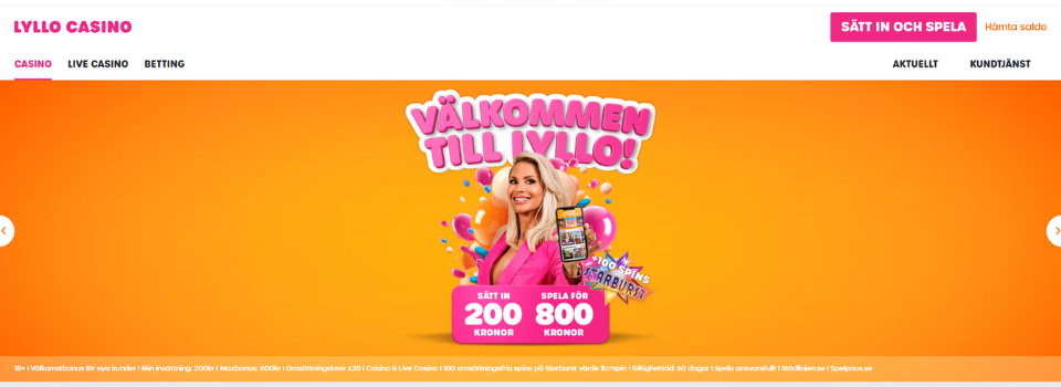 Lyllo Casino startsida och bonus med Carolina Gynning