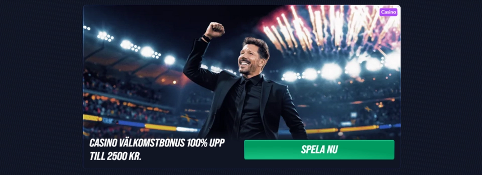 Betinia Casino välkomstbonusbanner med en man i kostym som jublar på en fullsatt idrottsarena.