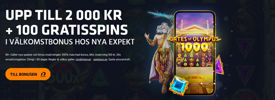 Nya Expekt Casino välkomstbonusbanner med texten UPP TILL 2 000 KR + 100 GRATISSPINS.