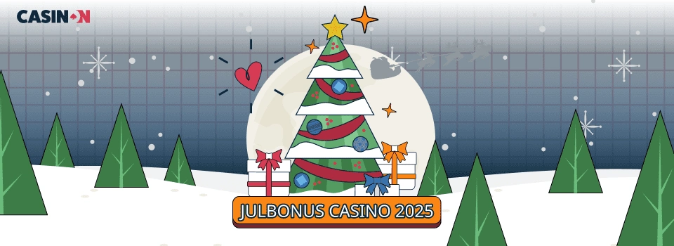 Juldekorerad bild med en snötäckt julgran, julklappar och texten 