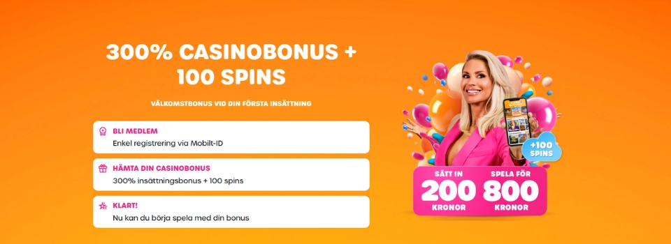 Lyllo Casino välkomstbonusbanner med en kvinna i rosa kavaj.