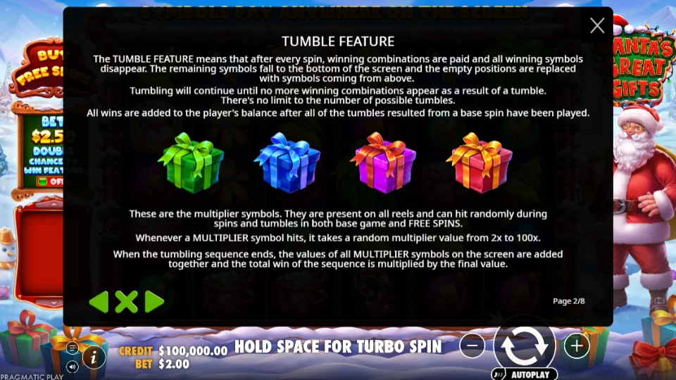Santa’s Great Gifts tumble funktion i spelet