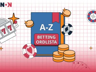 Bok med Betting Ordlista A-Z, omgiven av casinospelssymboler.