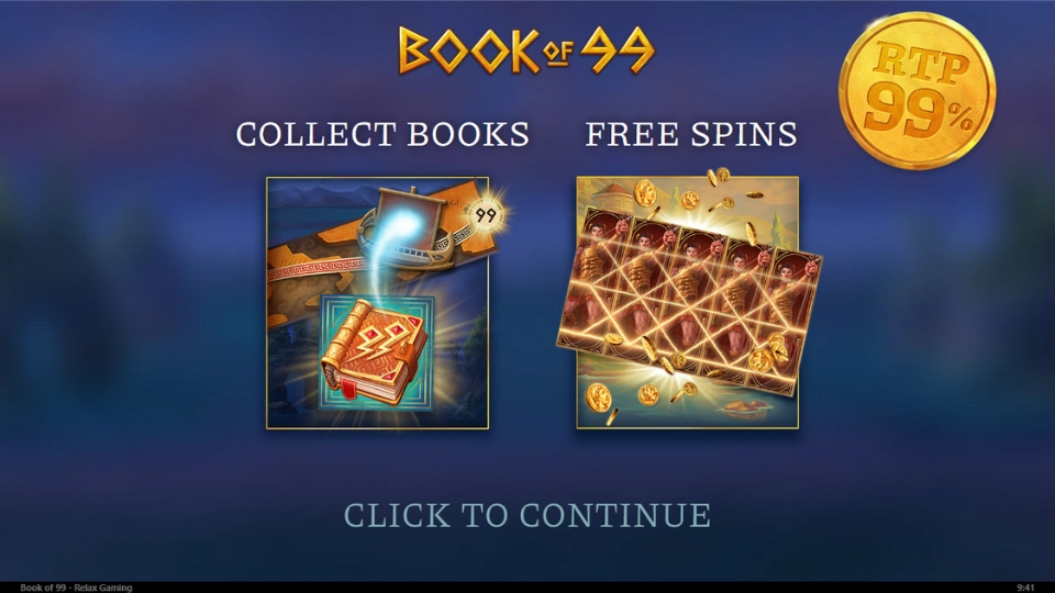 Book of 99 Introduktionsskärm till Book of 99 som visar spelets höga RTP på 99 % och funktioner.