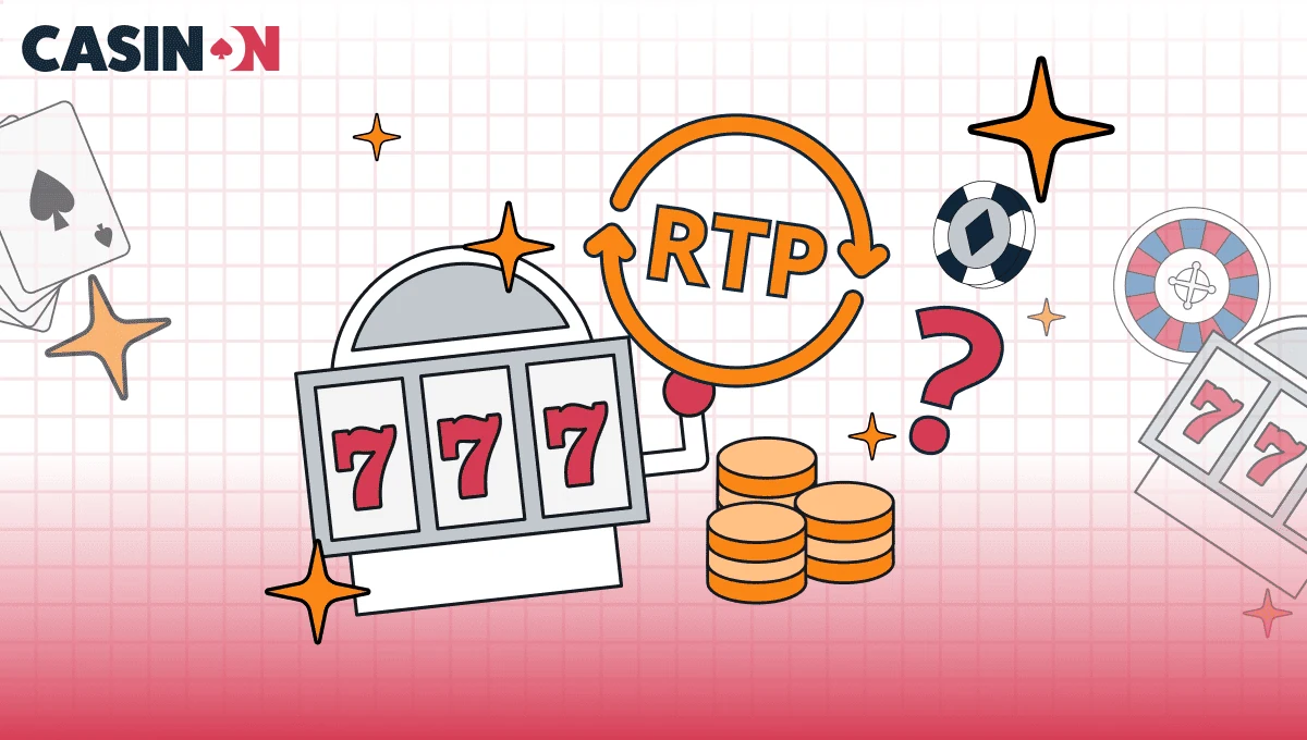 Illustration av RTP (Return to Player) och slotsmaskin med frågetecken.