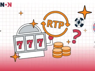 Illustration av RTP (Return to Player) och slotsmaskin med frågetecken.