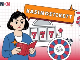 Kvinna läser om kasinoetikett, omgiven av spelmaskin och roulettehjul.