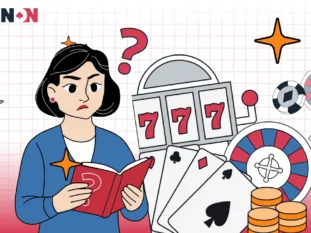 Kvinna läser guidebok om casinospel, omgiven av spelmaskiner och kort.